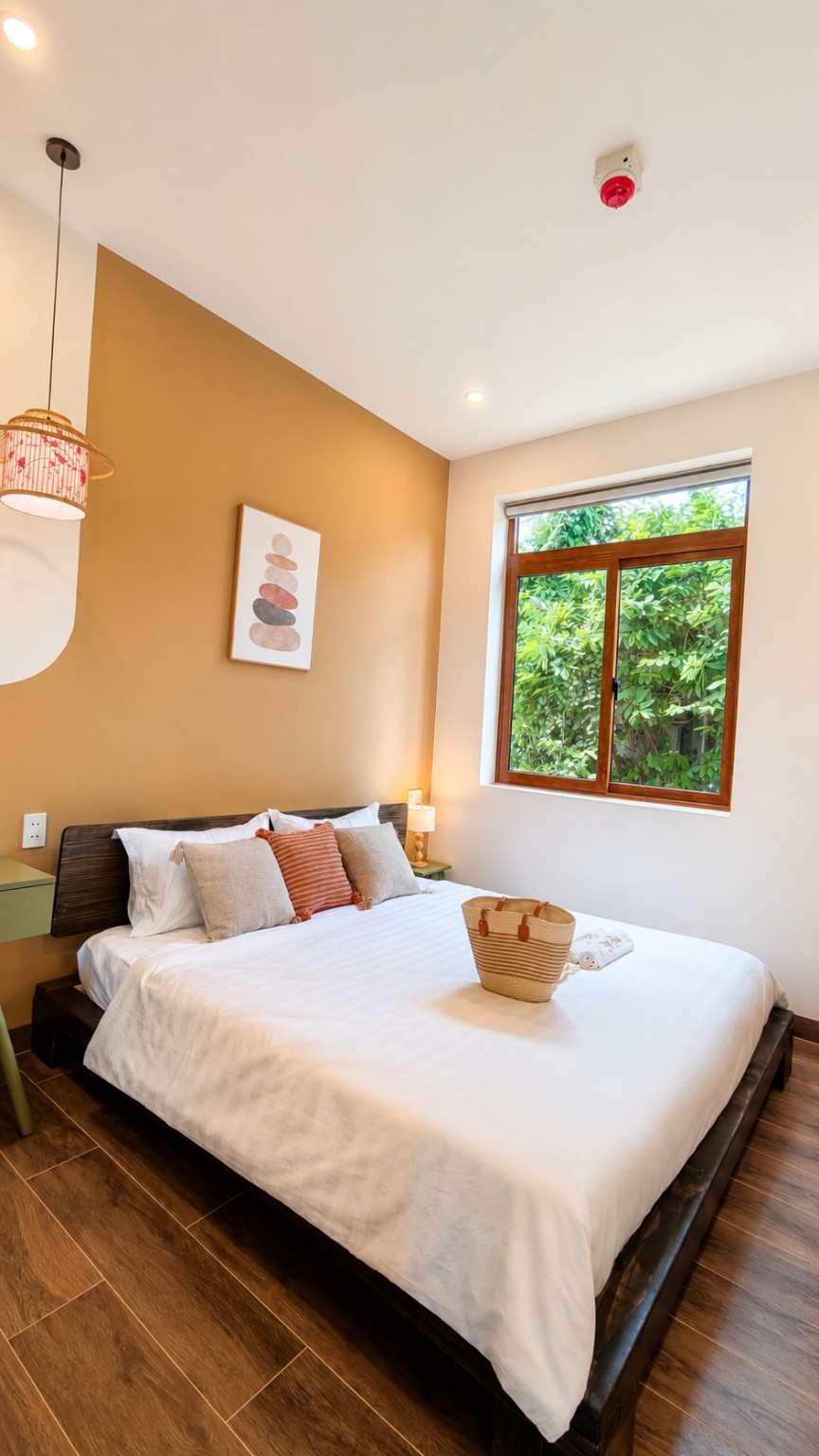 Sớm Mai: Giường và cửa sổ nhìn ra cây xanh